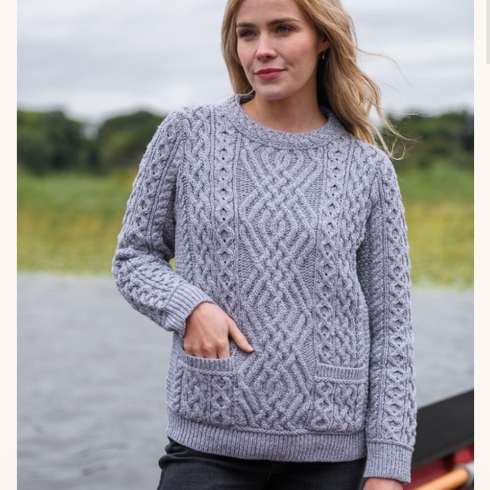 Aran mor Irish merino wool knit sweater grey Large